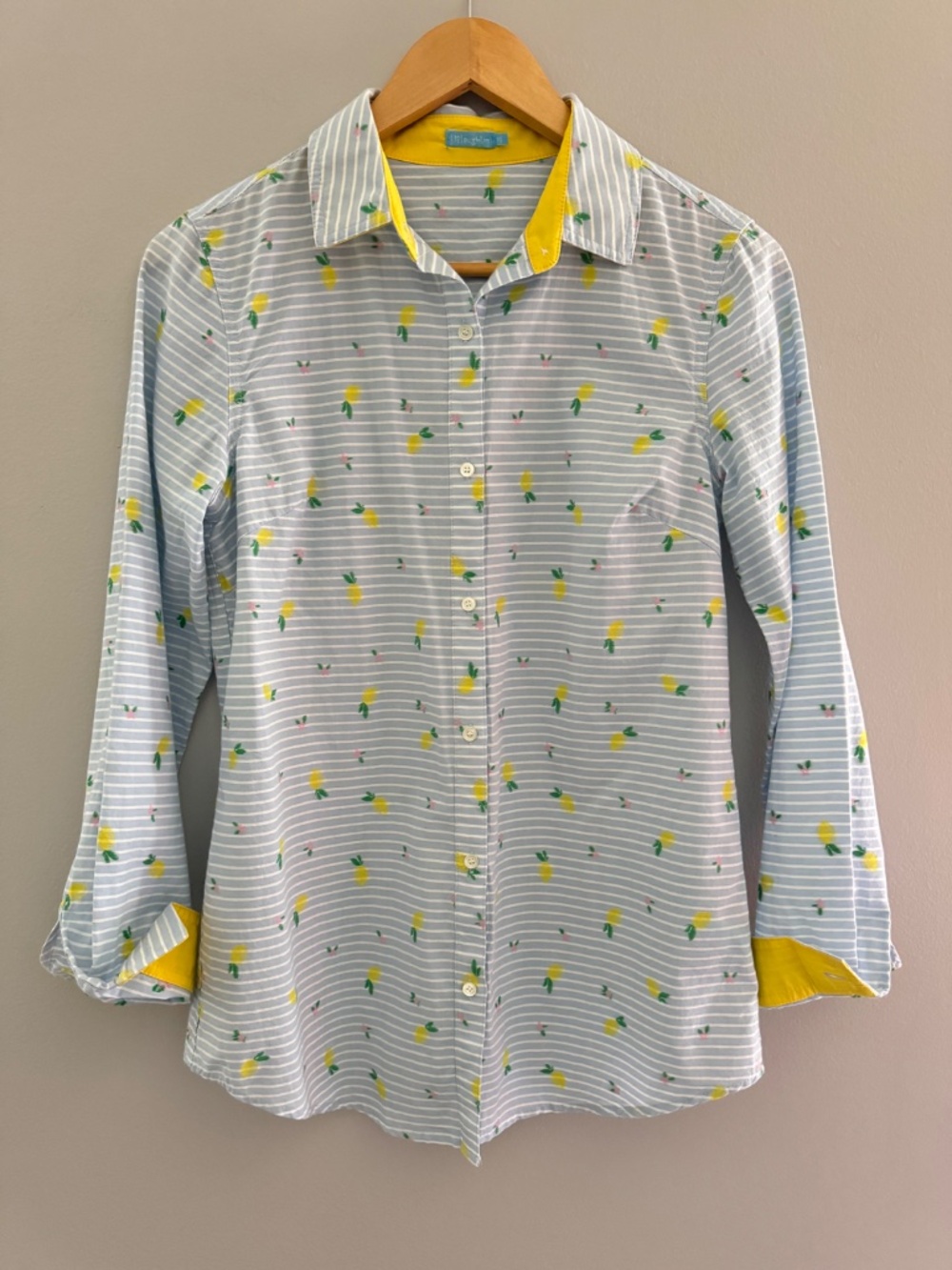 NEW J McLaughlin Lois Button Front Shirt Yellow Lemon Motif Blue White Stripe XS - Picture 2 of 14